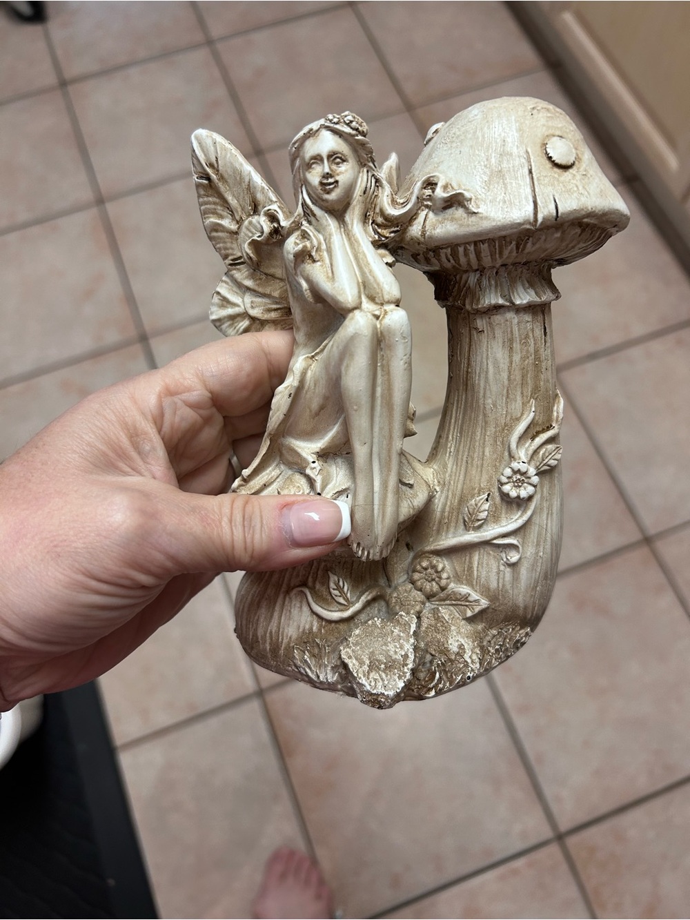 Cream Fairy on Mushroom Decorative Sculpture - Home Art Accent